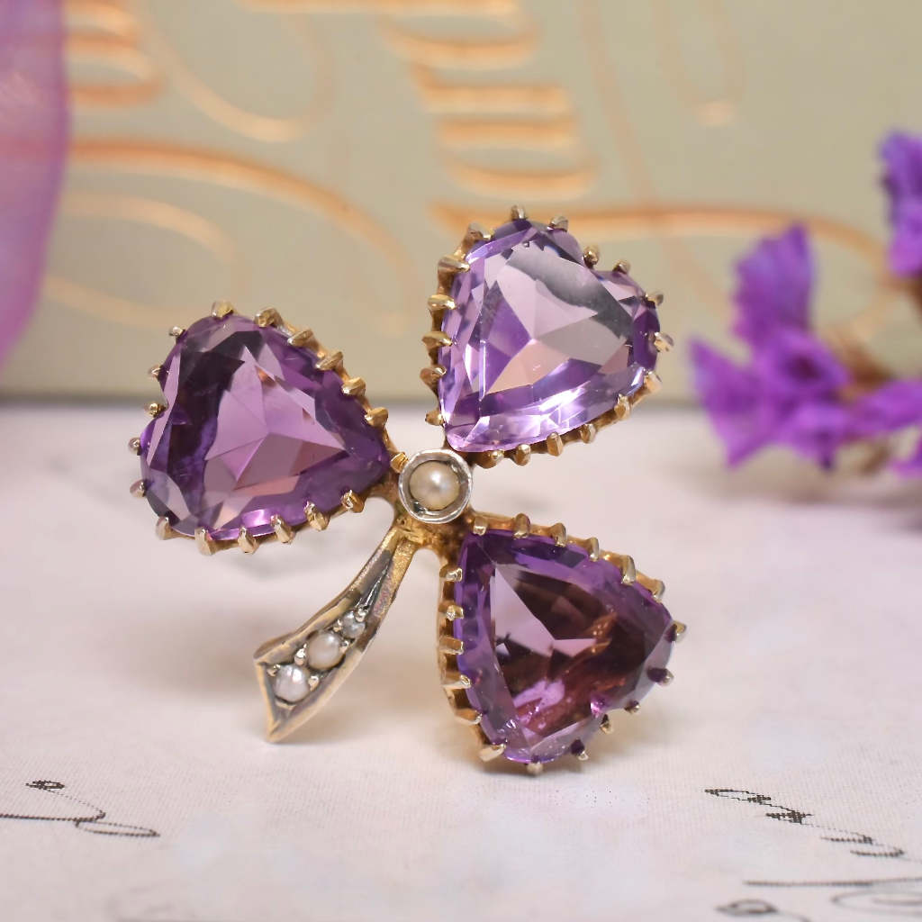 Antique Victorian Austro Hungarian Silver, Gold Plated, Heart-Cut Amethyst ‘Clover’ Brooch