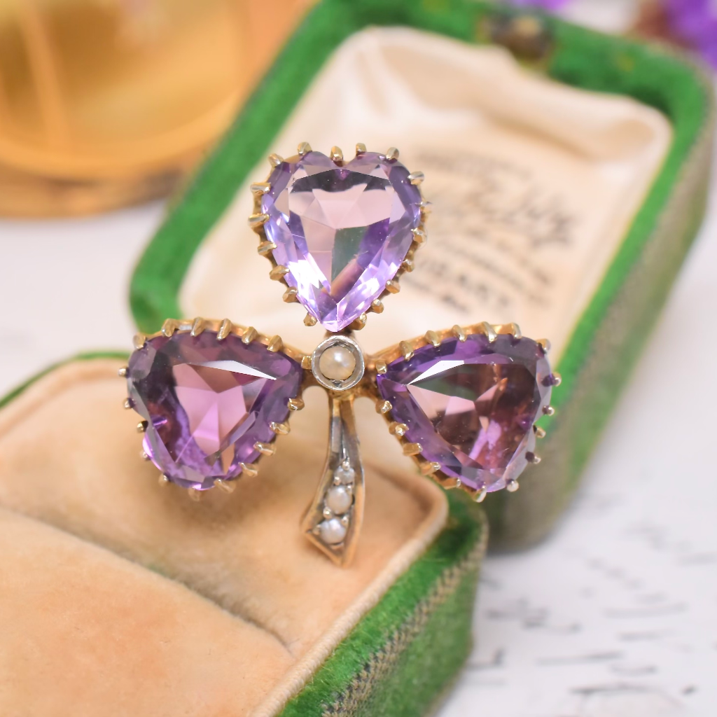 Antique Victorian Austro Hungarian Silver, Gold Plated, Heart-Cut Amethyst ‘Clover’ Brooch