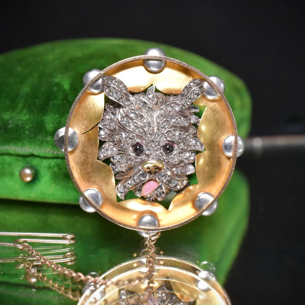 Superb Victorian 18ct Yellow Gold, Platinum And Diamond, Garnet Dog Pendant/Brooch