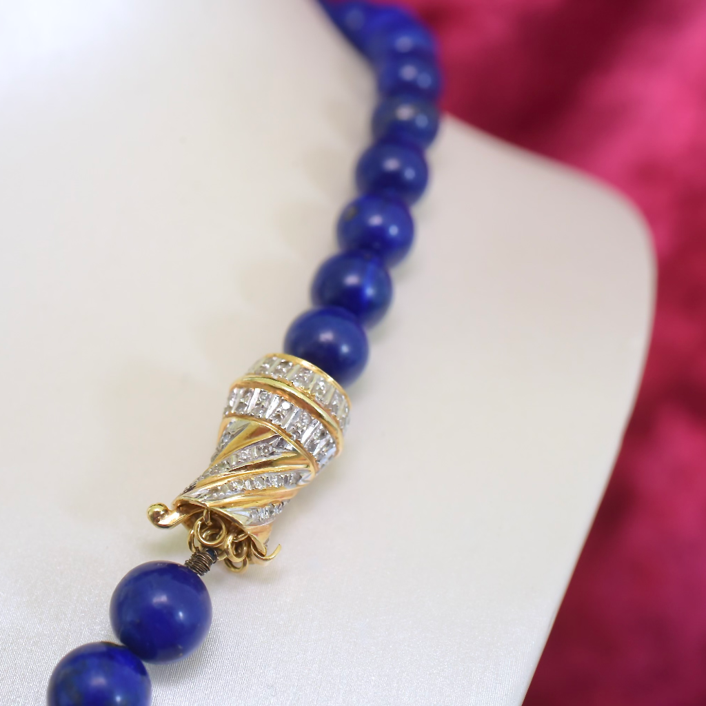 Estate 14ct Gold And Diamond Lapis Lazuli Bead Necklace