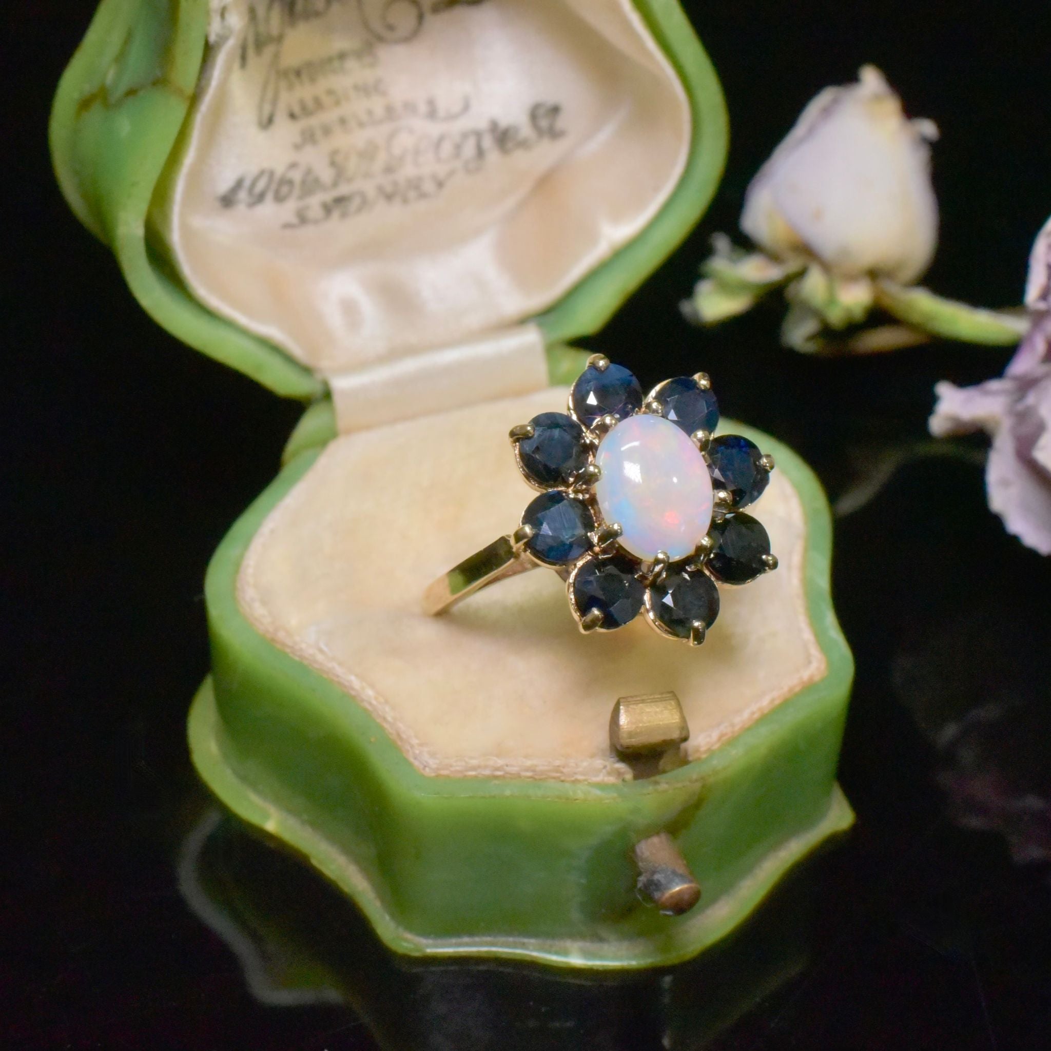 Vintage 9ct Yellow Gold Opal And Sapphire Ring - London 1978