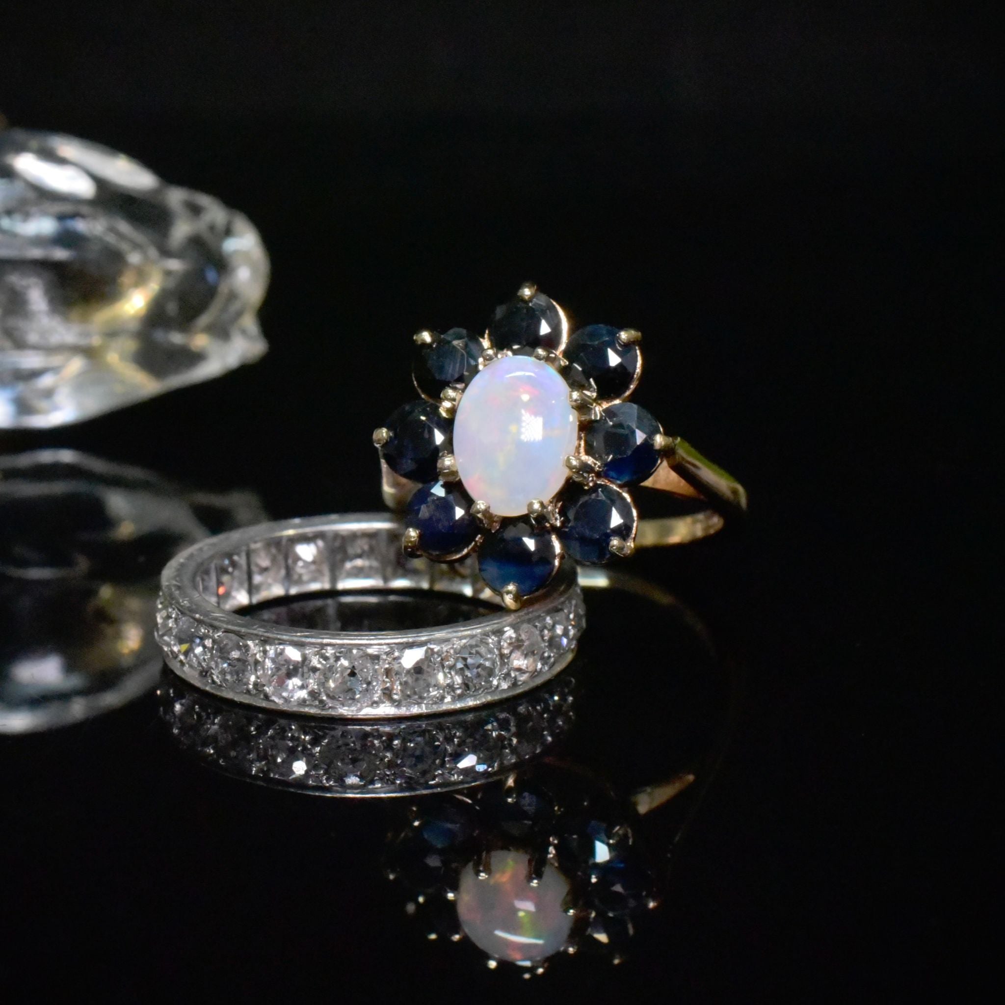 Vintage 9ct Yellow Gold Opal And Sapphire Ring - London 1978
