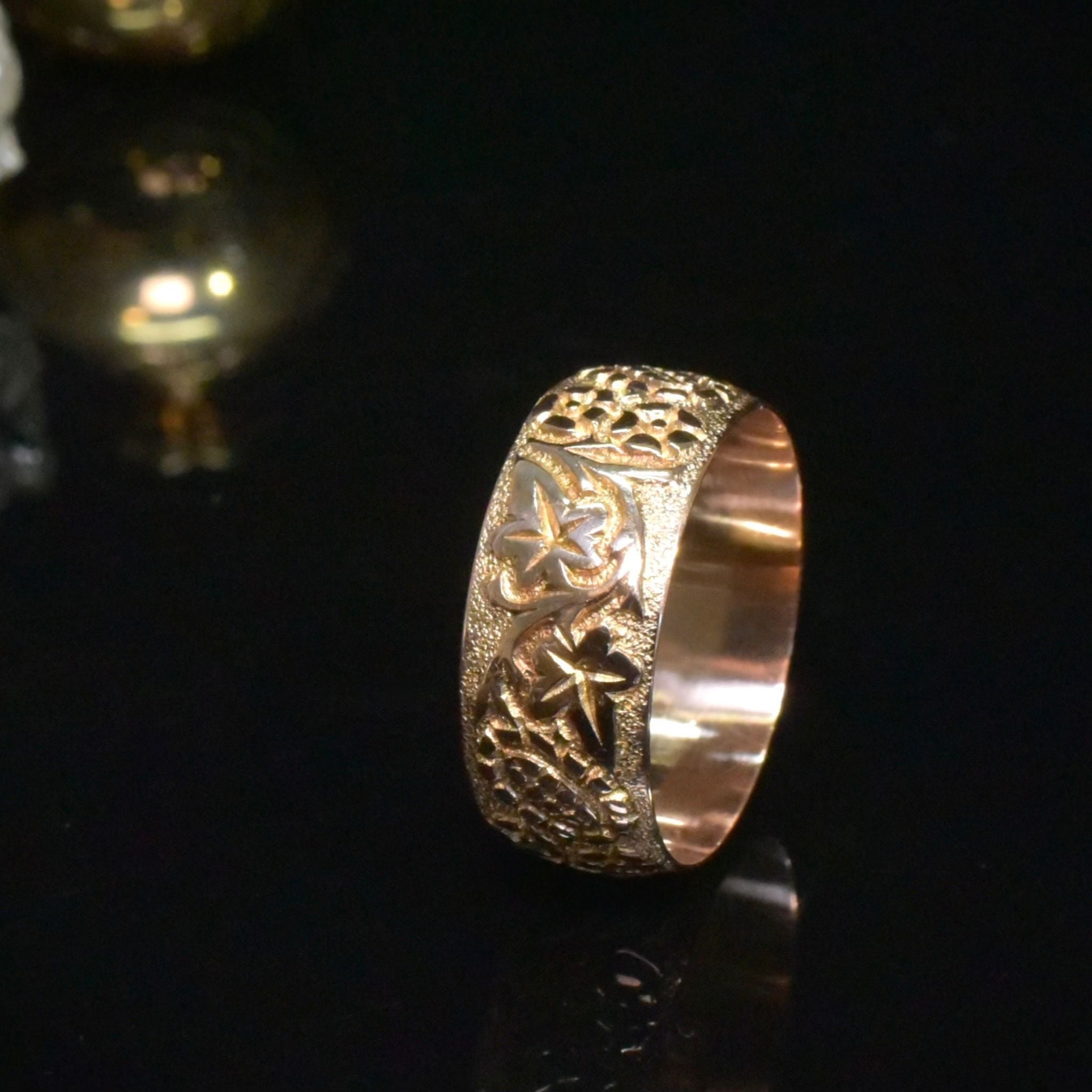 Stunning Antique Victorian/Edwardian 9ct Rose Gold Wide Floral Pattern Ring - Birmingham 1901