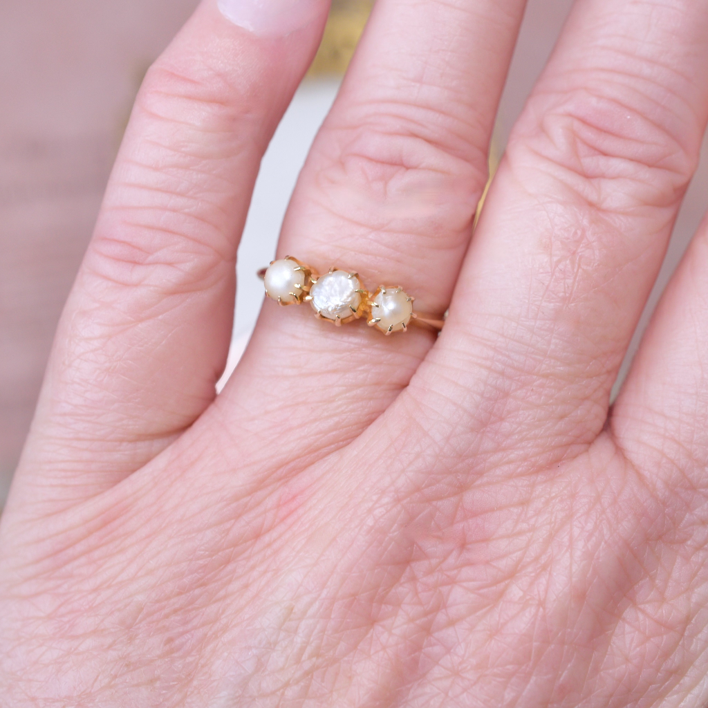 Antique 15ct Yellow Gold Freshwater Pearl Trilogy Ring Circa 1920’s