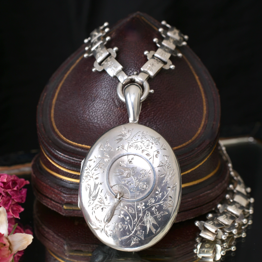 Antique Victorian ‘Japonesque’ Design Sterling Silver Locket And Book Chain Collar Circa 1890