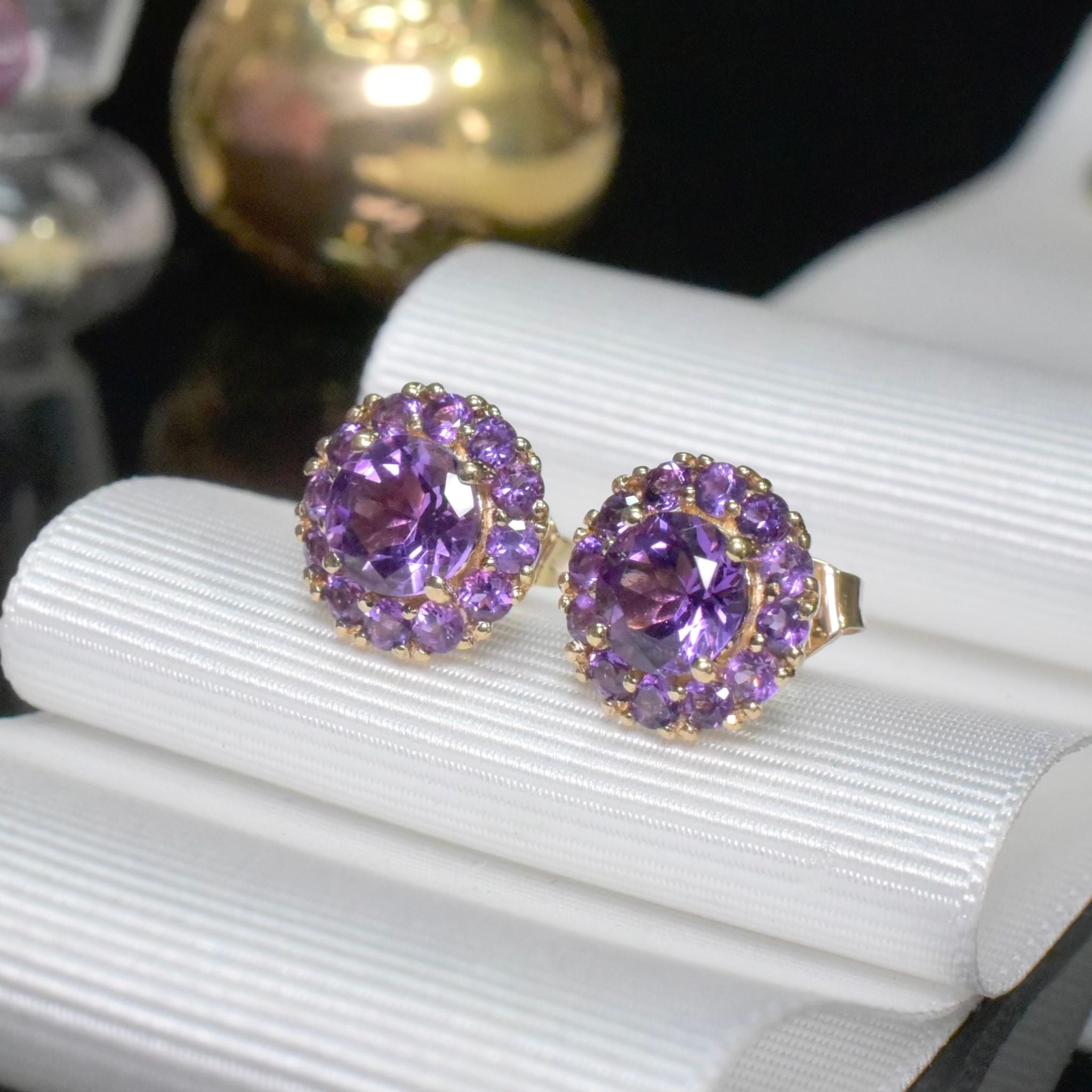 Contemporary 9ct Yellow Gold Amethyst Daisy Cluster Earrings