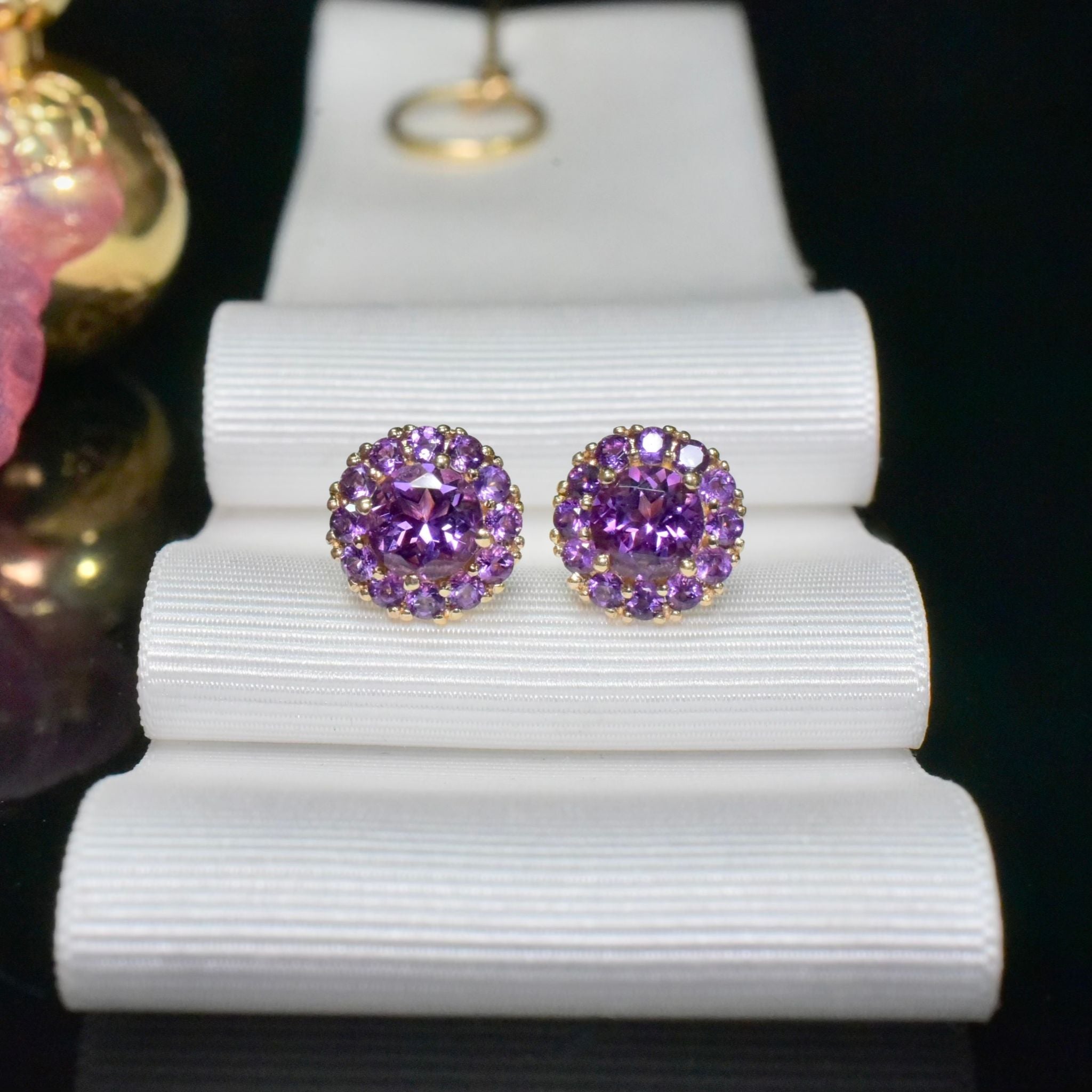 Contemporary 9ct Yellow Gold Amethyst Daisy Cluster Earrings