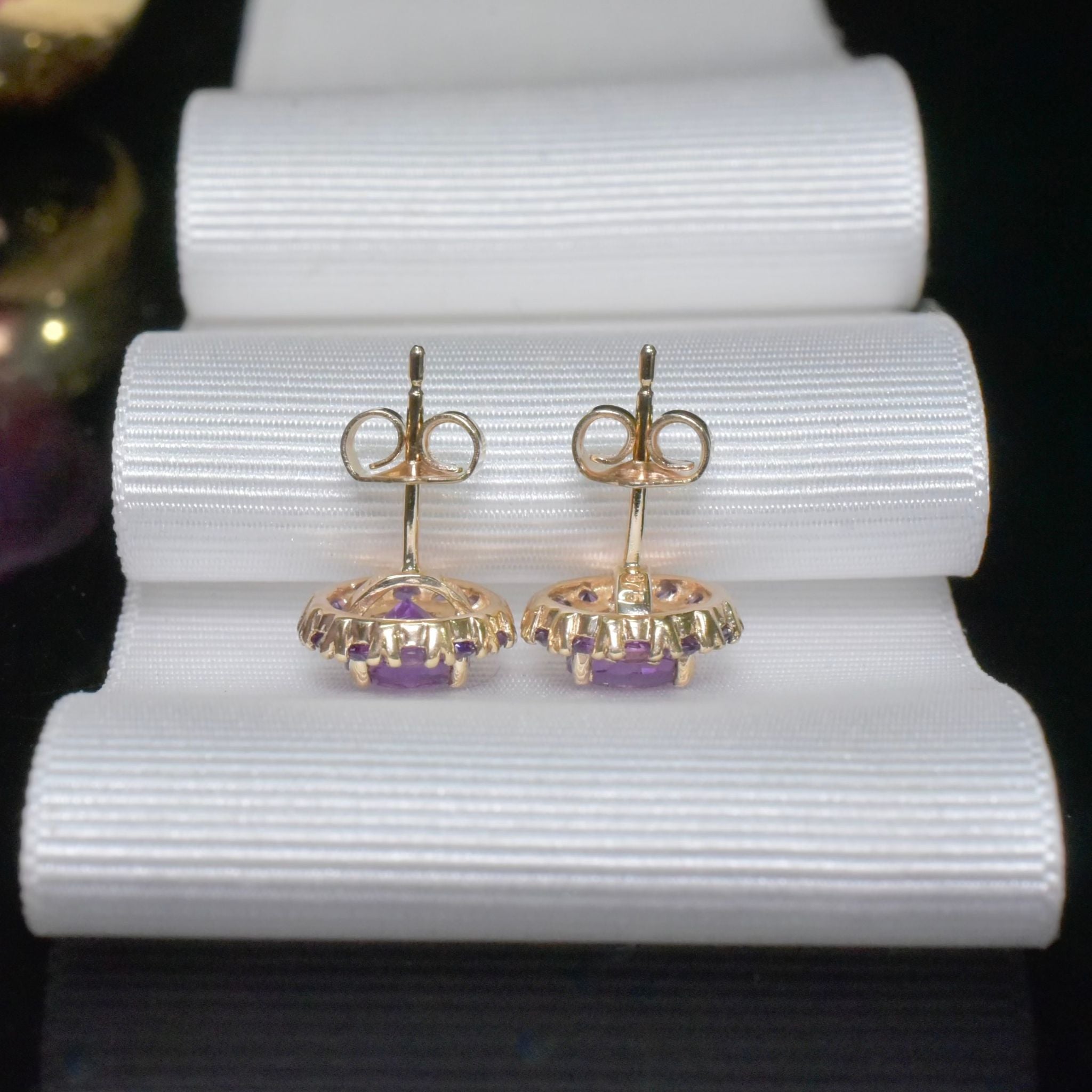 Contemporary 9ct Yellow Gold Amethyst Daisy Cluster Earrings