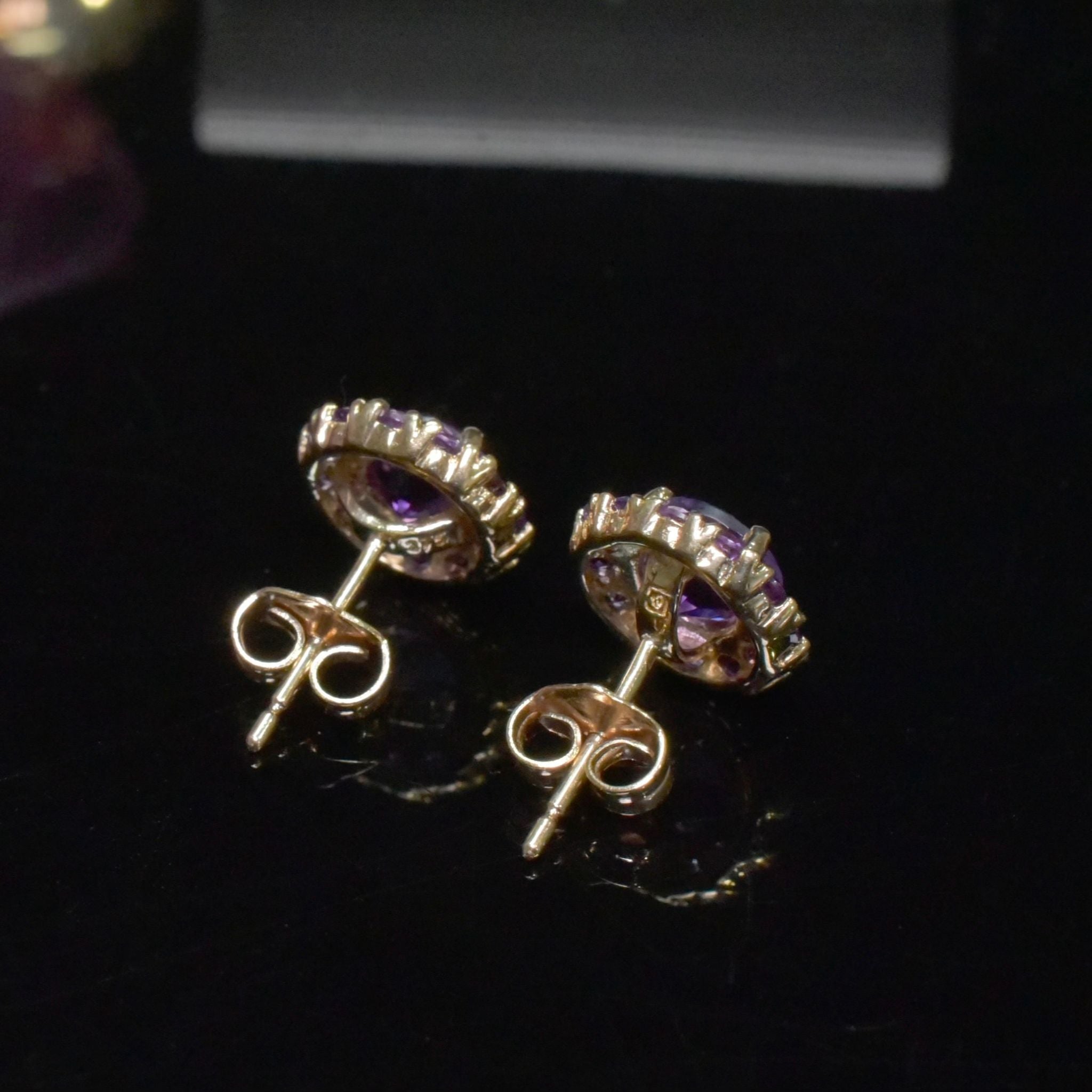 Contemporary 9ct Yellow Gold Amethyst Daisy Cluster Earrings