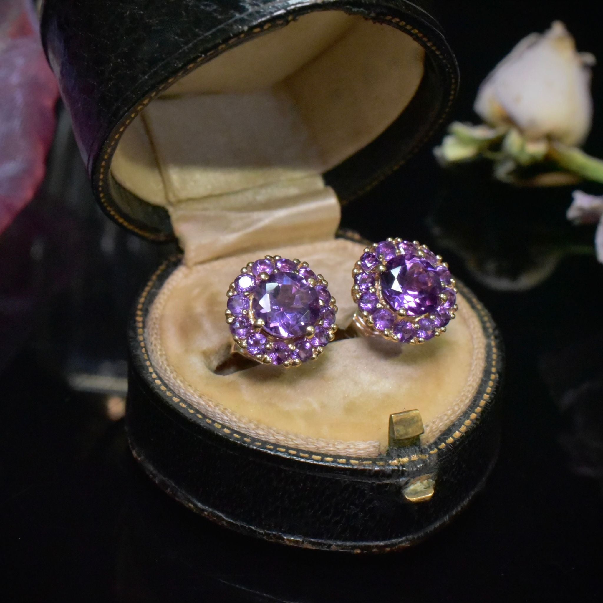 Contemporary 9ct Yellow Gold Amethyst Daisy Cluster Earrings
