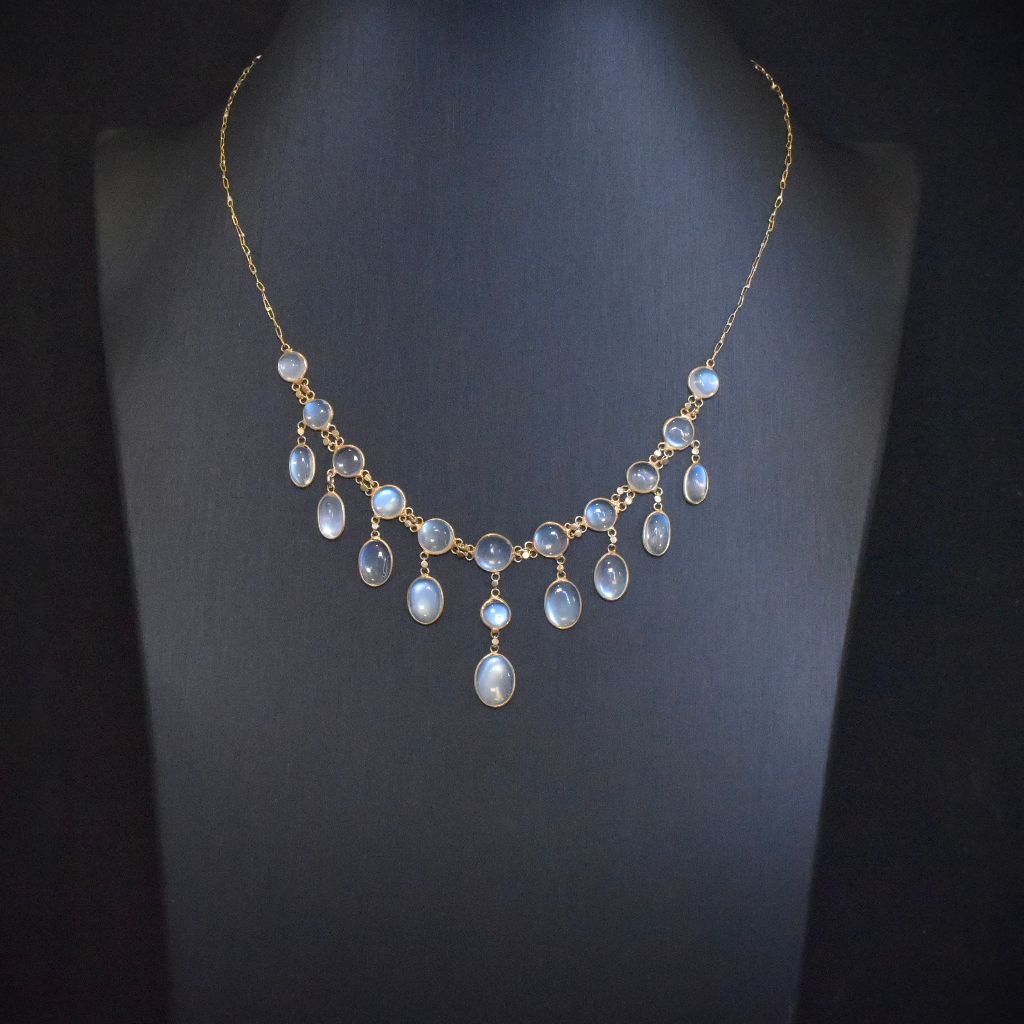 Antique Edwardian Silver Gilt Ceylon Moonstone Festoon Necklace Circa 1910