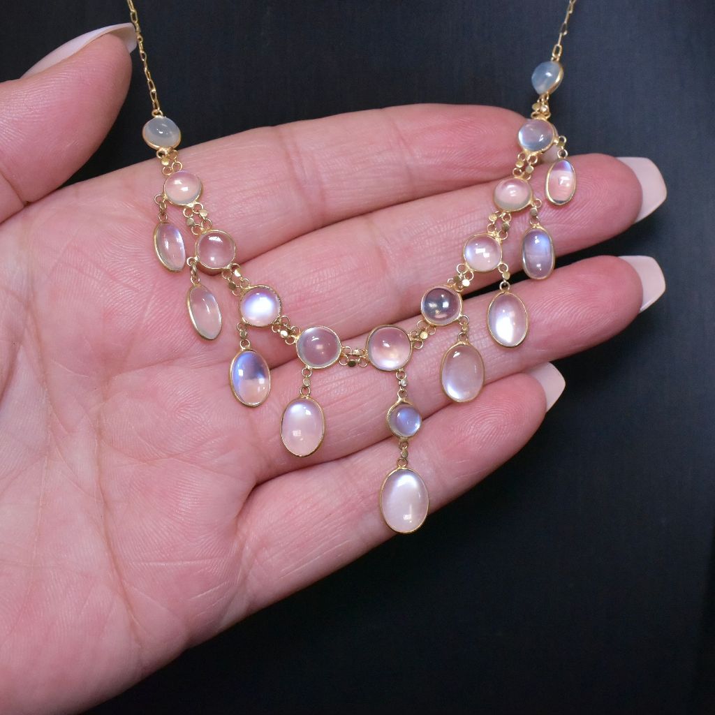 Antique Edwardian Silver Gilt Ceylon Moonstone Festoon Necklace Circa 1910