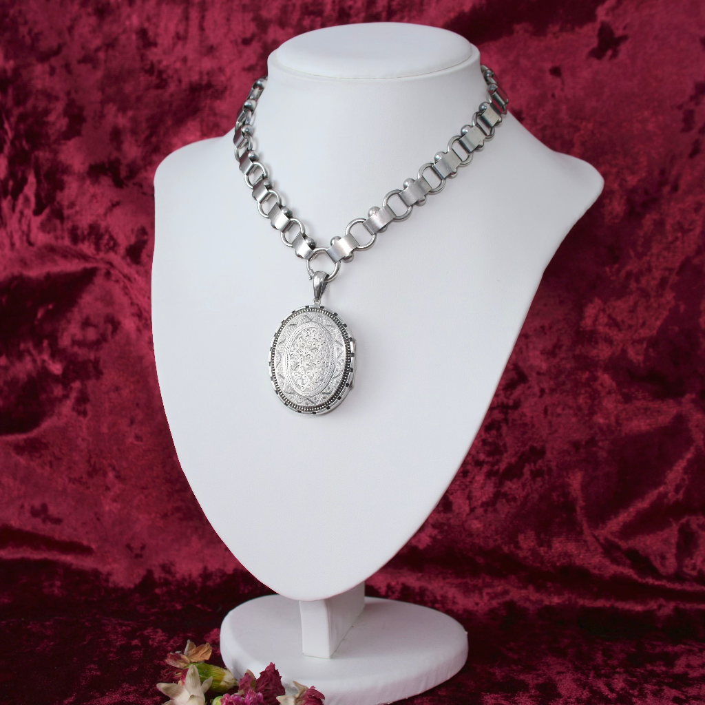 Victorian Sterling Silver Locket And Bookchain Collar Circa 1890