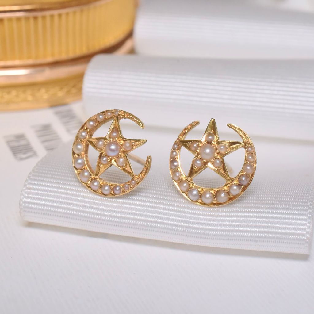 Antique 15ct Yellow Gold ‘Celestial’ Half Pearl Earrings Circa 1890-1900