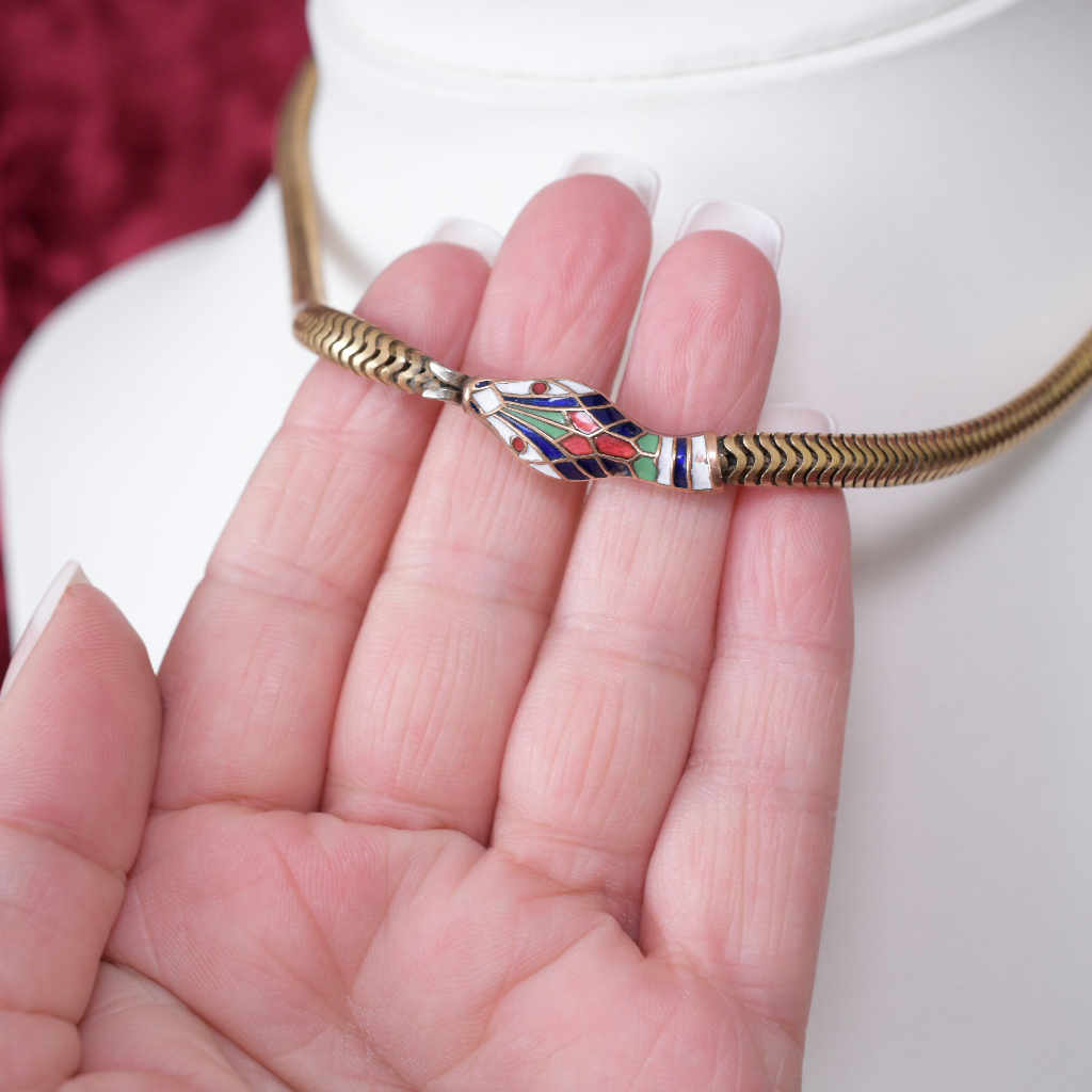 Art Deco Era Cloisonne Enamel Gold Tone Snake Necklace