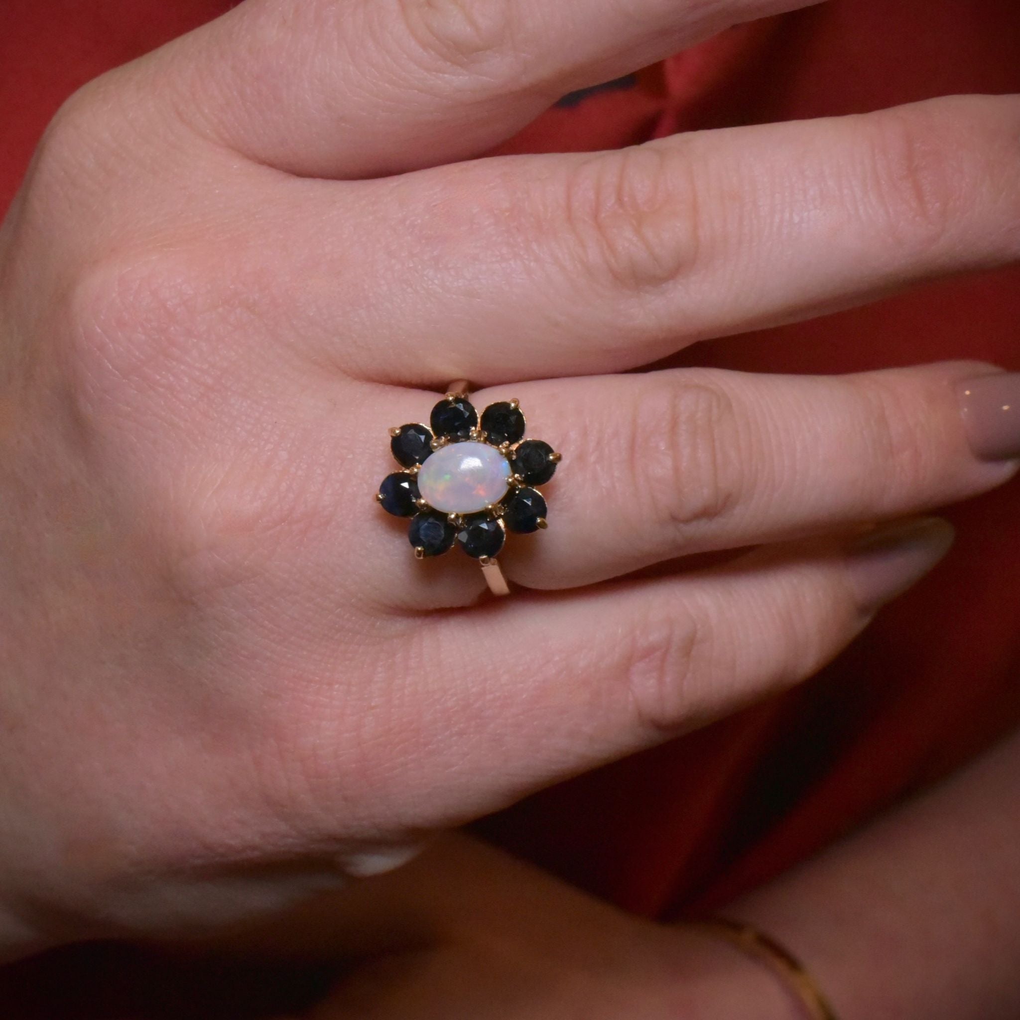 Vintage 9ct Yellow Gold Opal And Sapphire Ring - London 1978