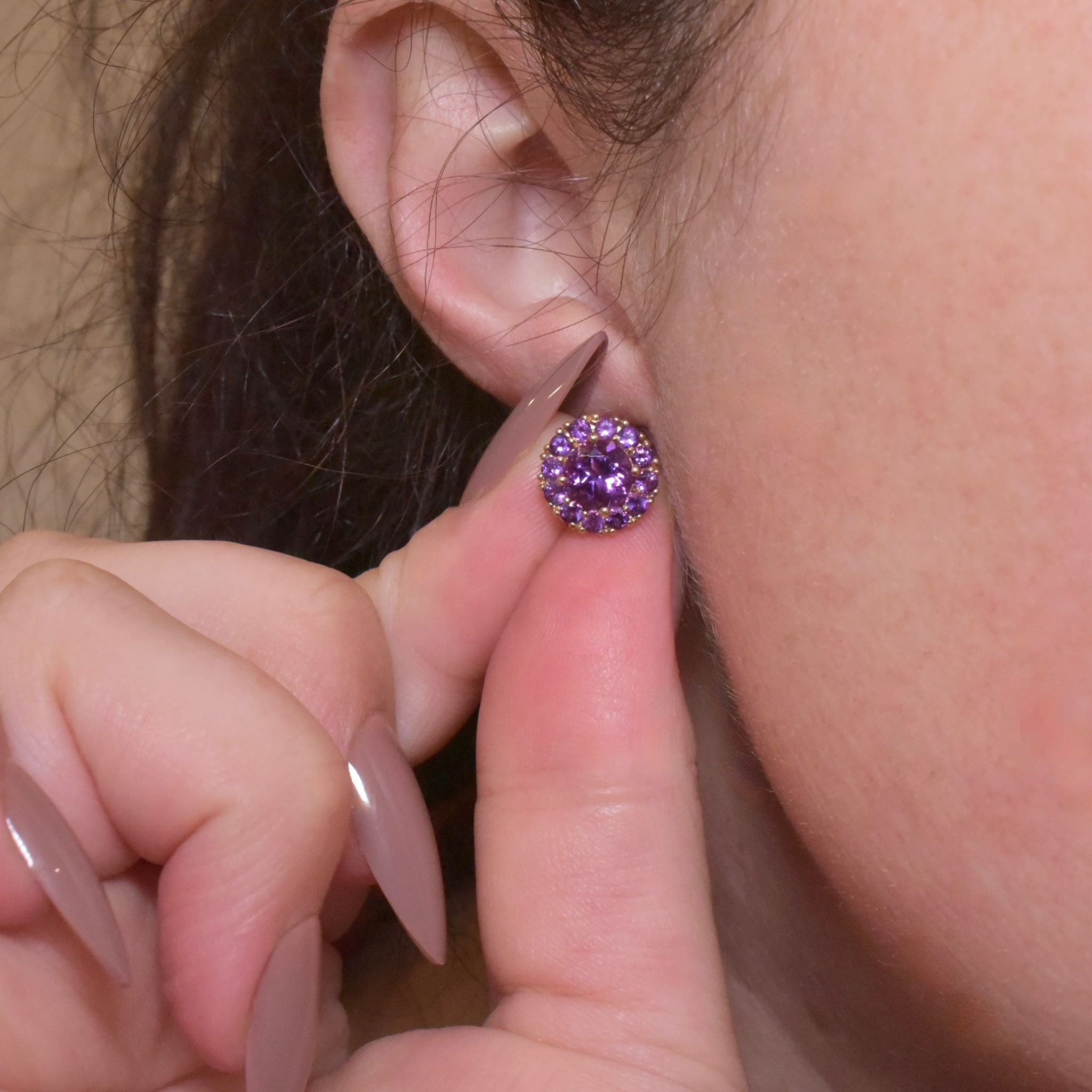 Contemporary 9ct Yellow Gold Amethyst Daisy Cluster Earrings