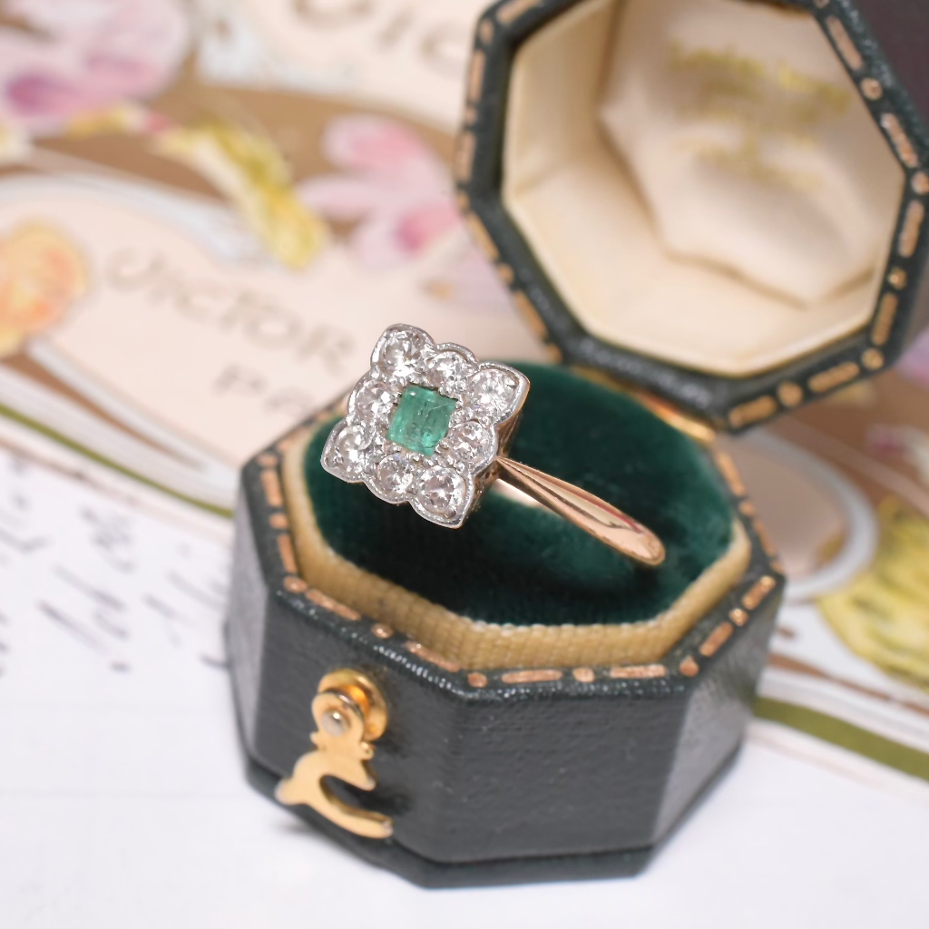 Antique Edwardian Era 18ct Yellow Gold Platinum Emerald And Diamond Ring