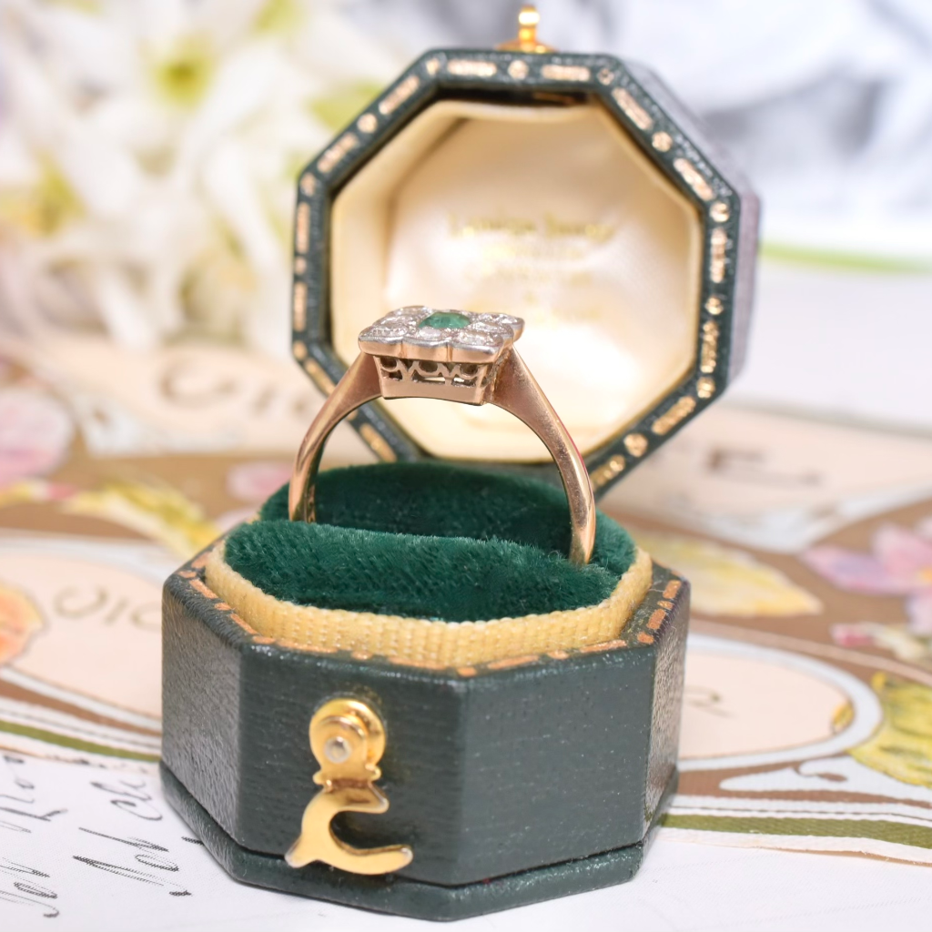 Antique Edwardian Era 18ct Yellow Gold Platinum Emerald And Diamond Ring