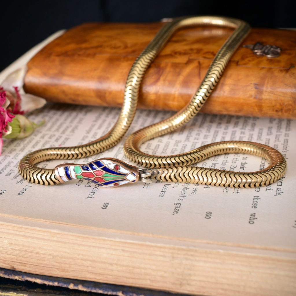 Art Deco Era Cloisonne Enamel Gold Tone Snake Necklace