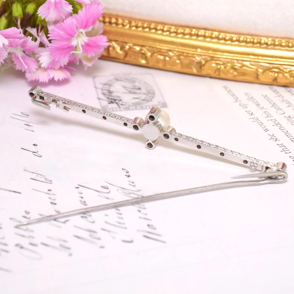 Antique Edwardian 18ct White Gold Pearl And Diamond Bar Brooch Circa 1915