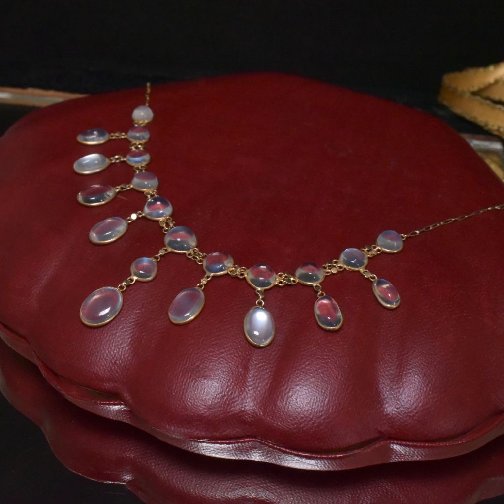 Antique Edwardian Silver Gilt Ceylon Moonstone Festoon Necklace Circa 1910