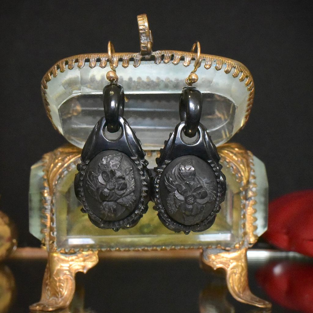 Antique Victorian 9ct Whitby Jet Floral Carved Earrings Circa 1870-1880