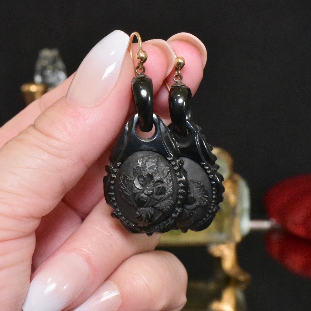 Antique Victorian 9ct Whitby Jet Floral Carved Earrings Circa 1870-1880