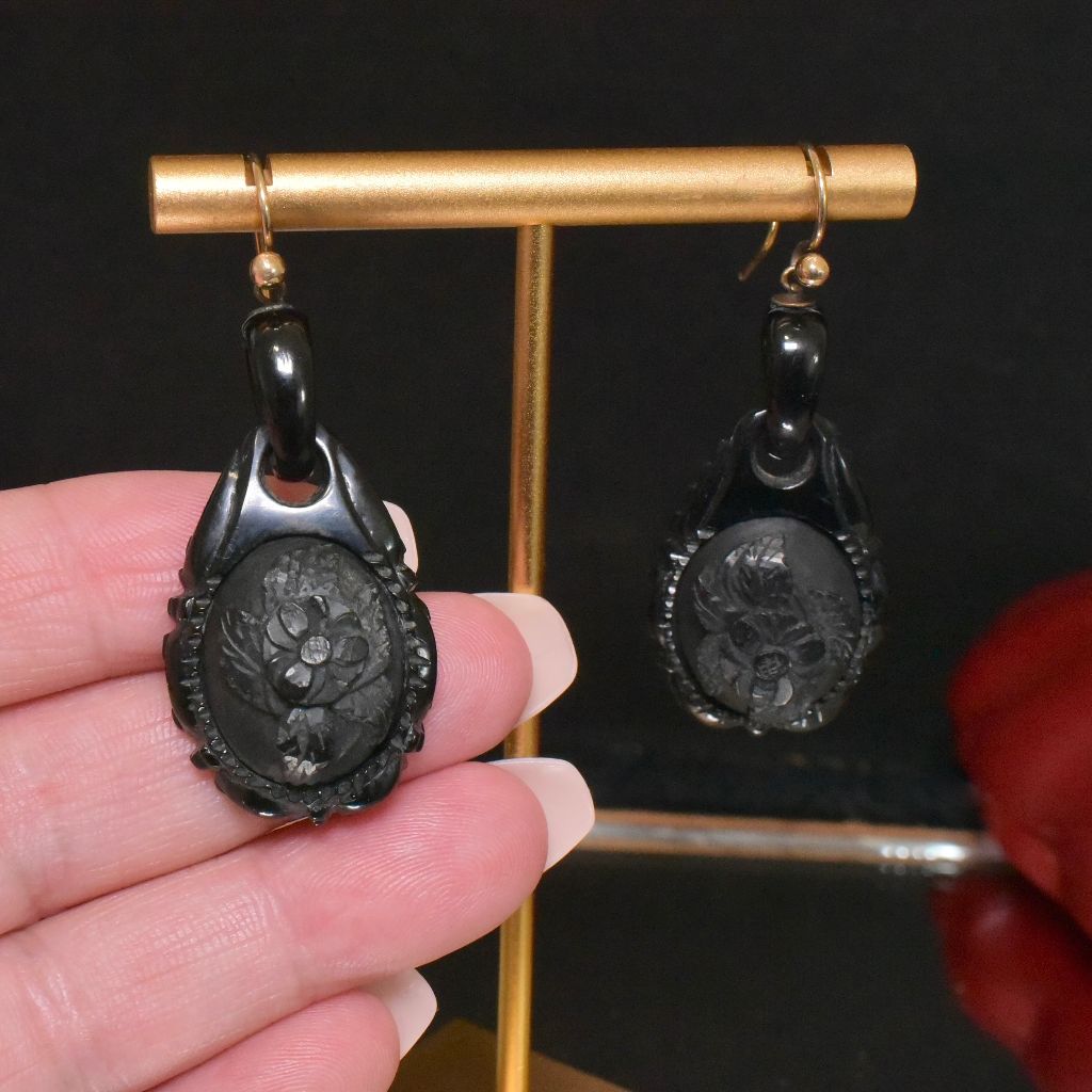 Antique Victorian 9ct Whitby Jet Floral Carved Earrings Circa 1870-1880