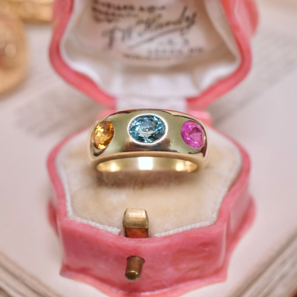Modern 18ct Yellow Gold Natural Pink Sapphire, Natural Blue Zircon & Natural Yellow Sapphire Ring Independent Gemmological Retail Replacement Valuation Included For $5,350 AUD