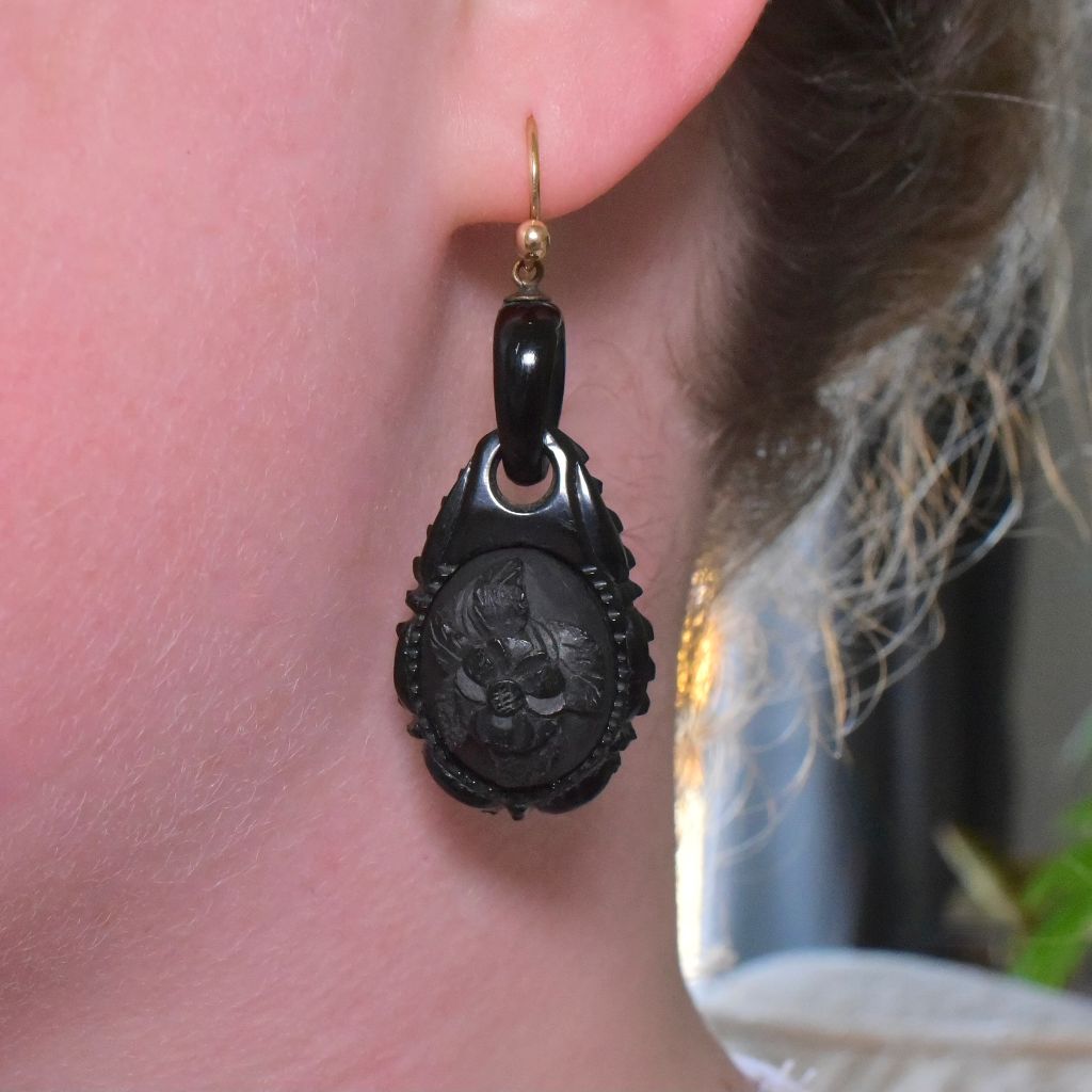 Antique Victorian 9ct Whitby Jet Floral Carved Earrings Circa 1870-1880