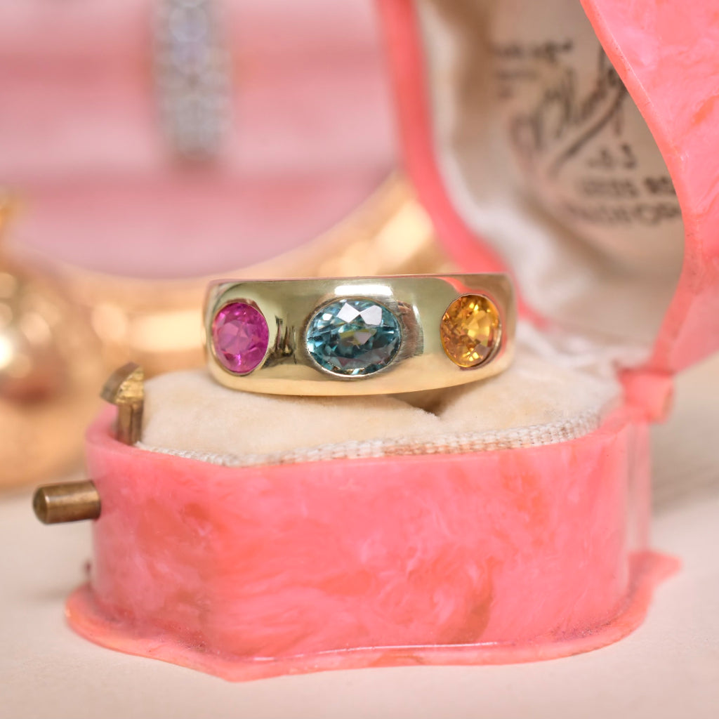 Modern 18ct Yellow Gold Natural Pink Sapphire, Natural Blue Zircon & Natural Yellow Sapphire Ring Independent Gemmological Retail Replacement Valuation Included For $5,350 AUD