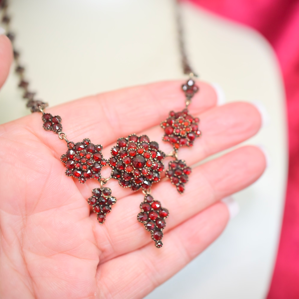 Antique Late Victorian Early Edwardian Bohemian Garnet Floret Necklace Circa 1900