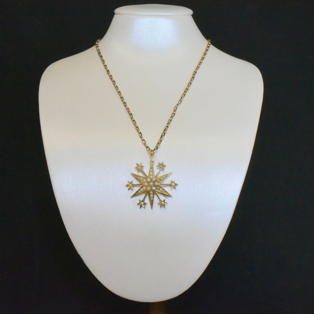 Antique Australian 15ct Yellow Gold Seed Pearl ‘Starburst’ Pendant/Brooch By Willis And Sons