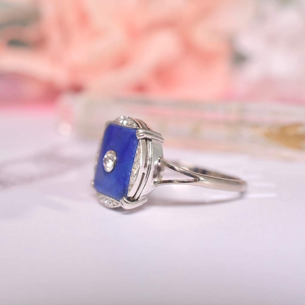 Antique Art Deco 18ct White Gold Diamond & Lapis Lazuli Ring Circa 1930