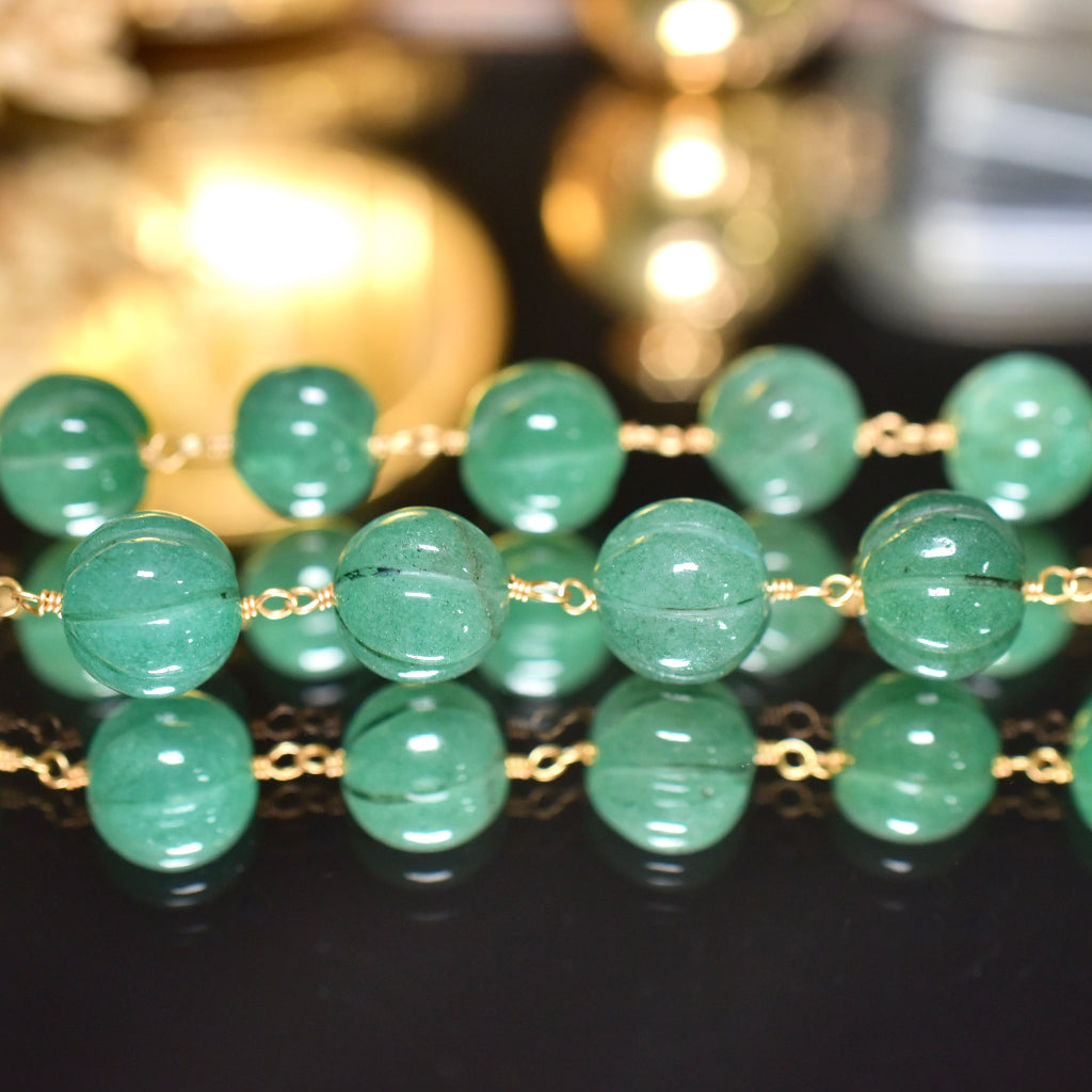 Vintage 18ct Yellow Gold And Carved Aventurine Bead Necklace