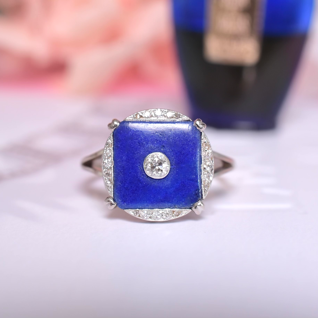 Antique Art Deco 18ct White Gold Diamond & Lapis Lazuli Ring Circa 1930