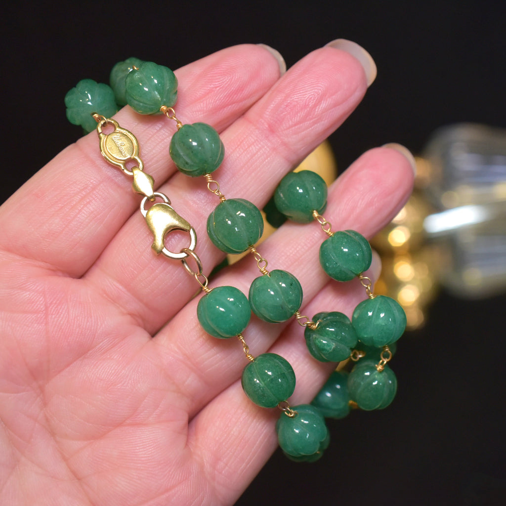 Vintage 18ct Yellow Gold And Carved Aventurine Bead Necklace