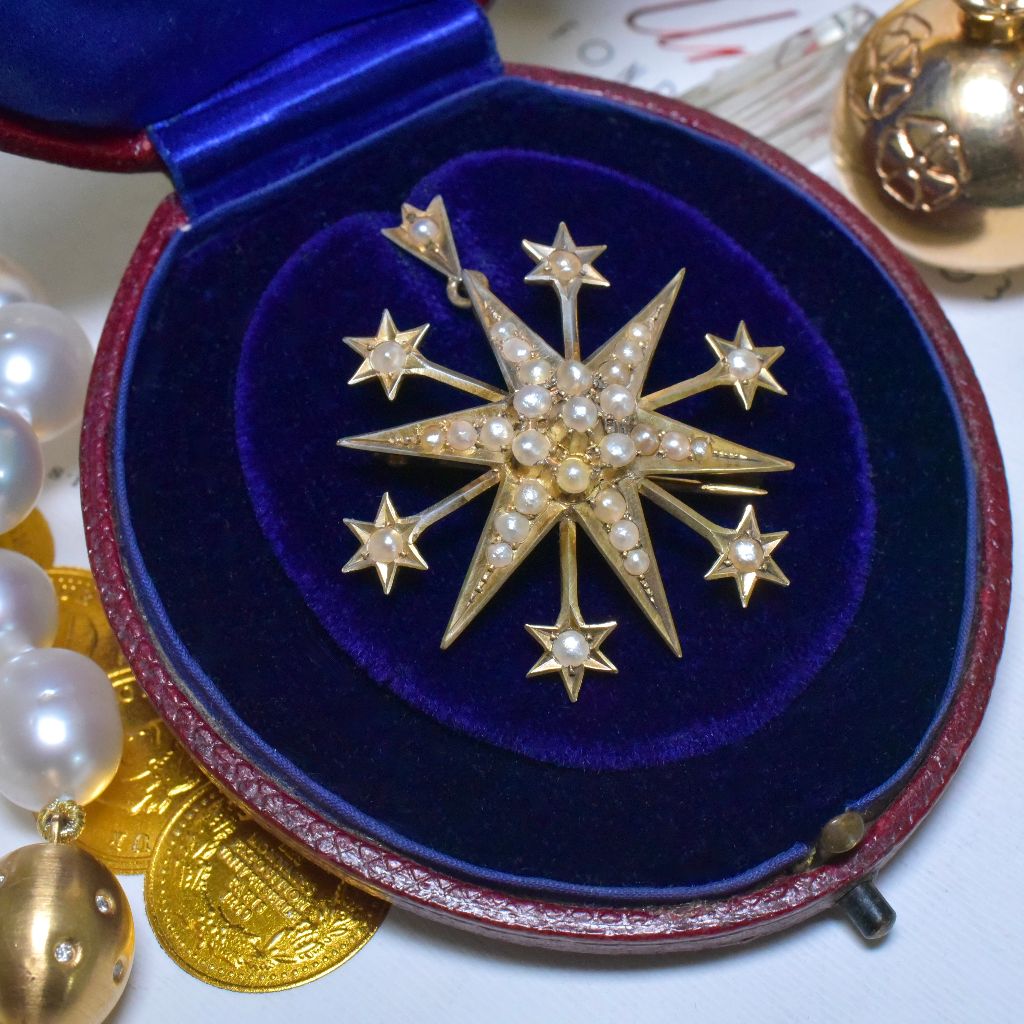 Antique Australian 15ct Yellow Gold Seed Pearl ‘Starburst’ Pendant/Brooch By Willis And Sons