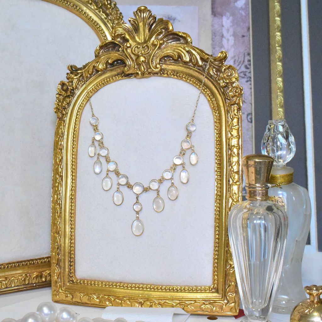 Antique Edwardian Silver Gilt Ceylon Moonstone Festoon Necklace Circa 1910