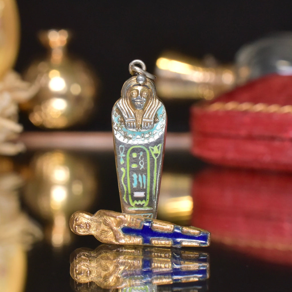 Antique Art Deco Egyptian Revival Silver And Enamel Opening Sarcophagus Charm/Pendant