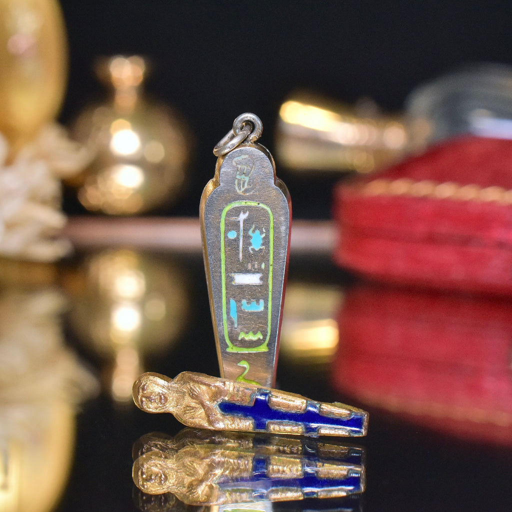 Antique Art Deco Egyptian Revival Silver And Enamel Opening Sarcophagus Charm/Pendant