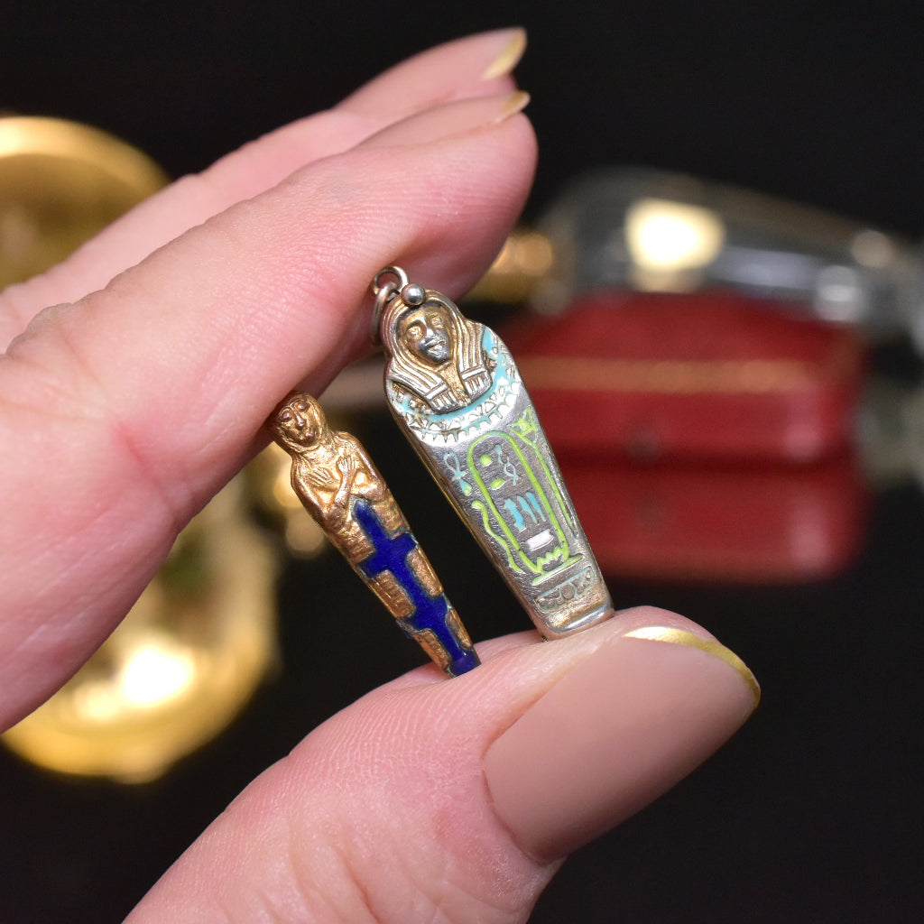 Antique Art Deco Egyptian Revival Silver And Enamel Opening Sarcophagus Charm/Pendant