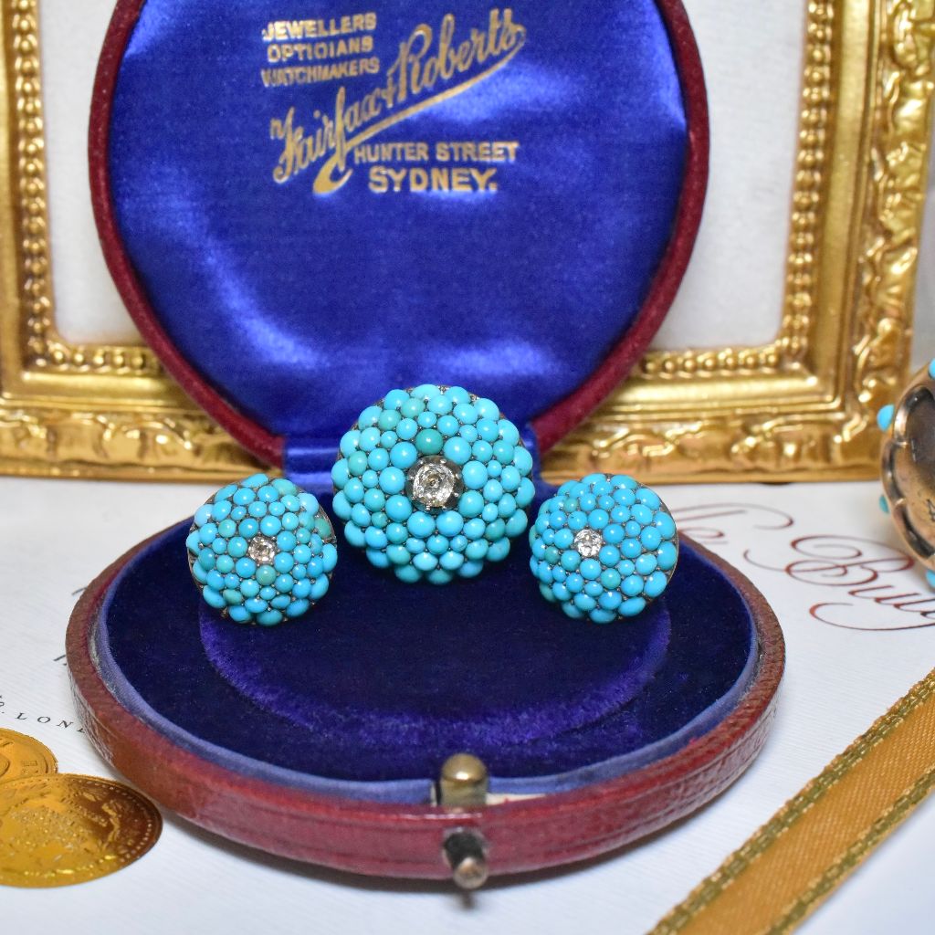 Antique Victorian 9ct Rose Gold Persian Turquoise And Diamond ‘Bombe’ Earrings And Brooch