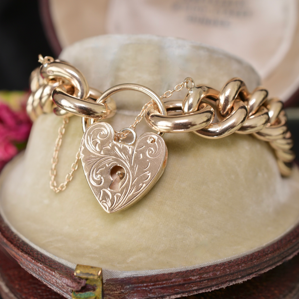 Contemporary 9ct Yellow Gold Chunky Curblink Heart Padlock Bracelet