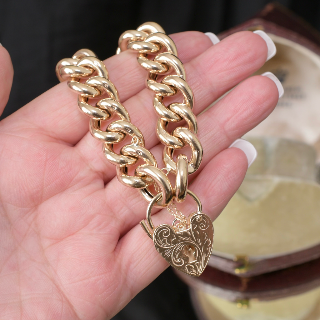 Contemporary 9ct Yellow Gold Chunky Curblink Heart Padlock Bracelet