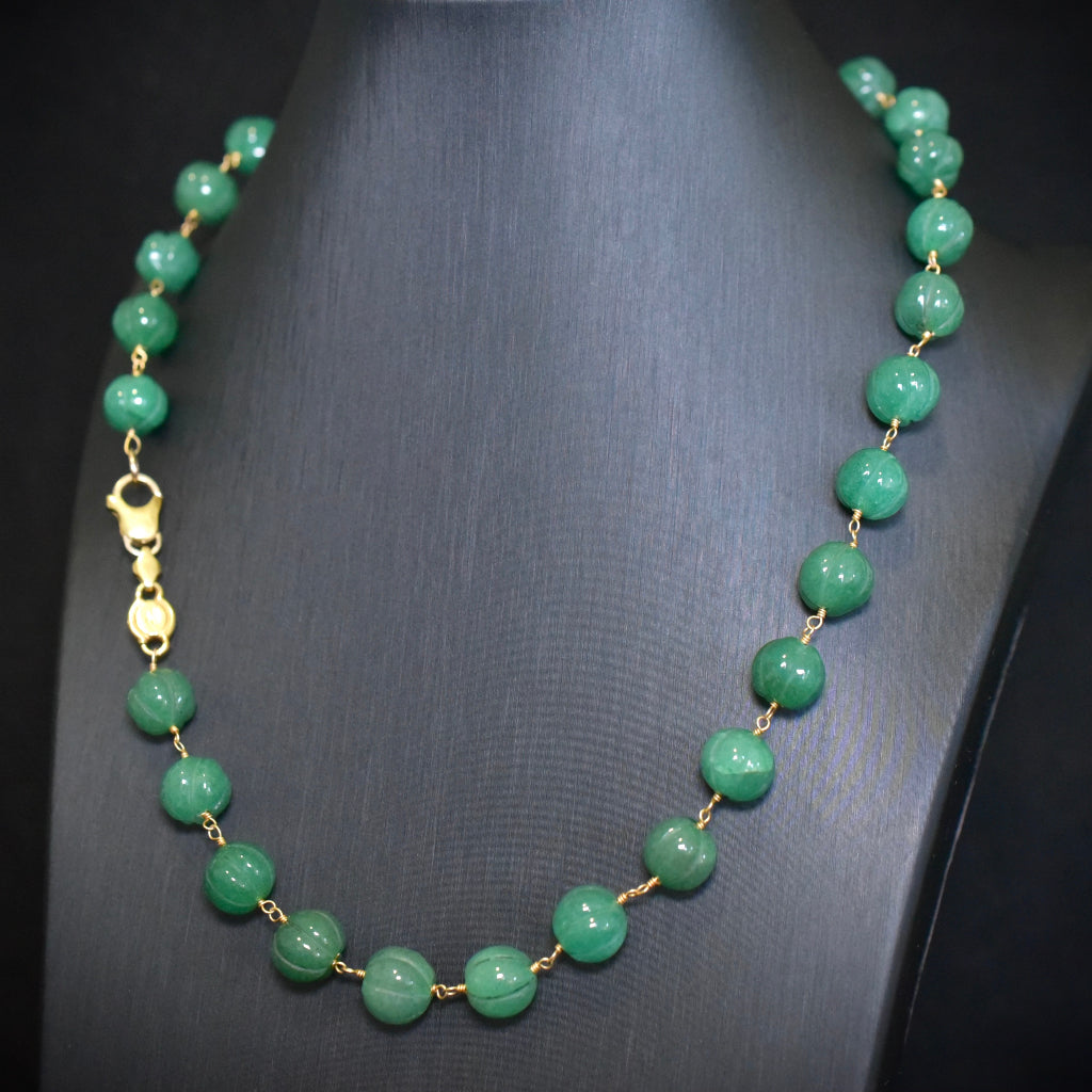 Vintage 18ct Yellow Gold And Carved Aventurine Bead Necklace