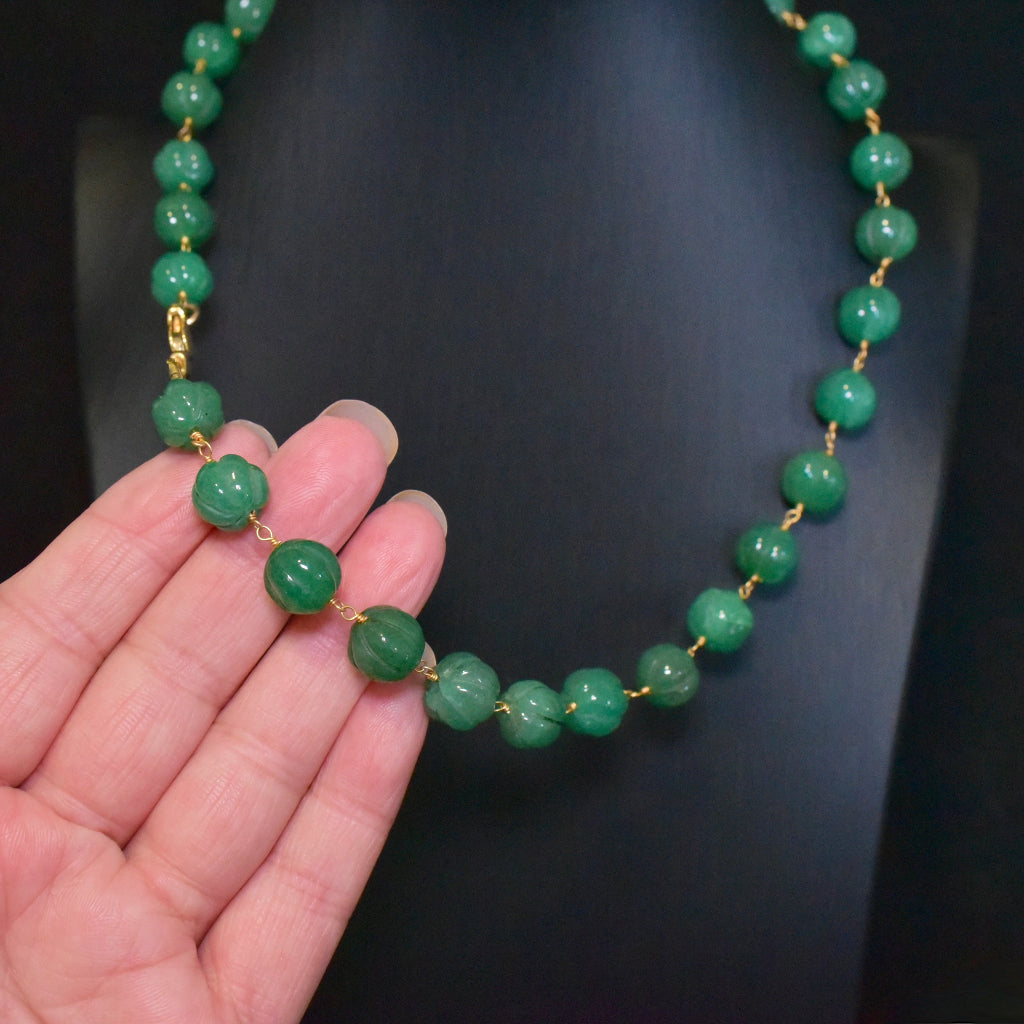 Vintage 18ct Yellow Gold And Carved Aventurine Bead Necklace