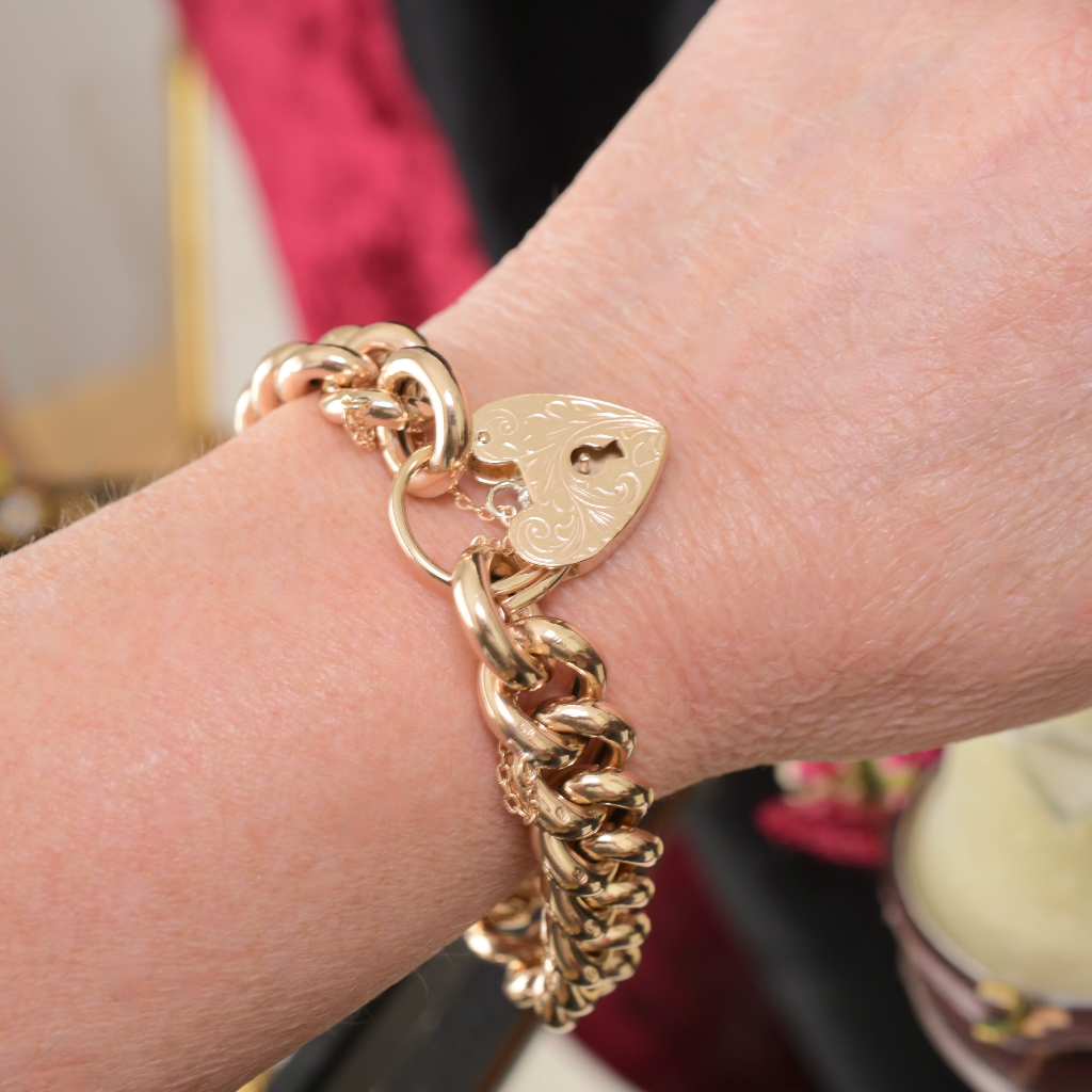 Contemporary 9ct Yellow Gold Chunky Curblink Heart Padlock Bracelet