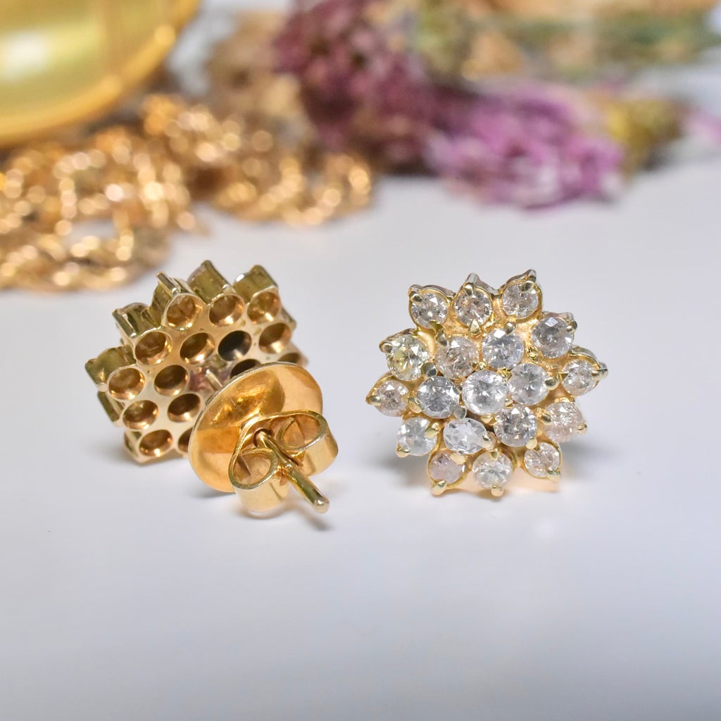 Contemporary 14ct Yellow Gold Diamond ‘Daisy’ Cluster Earrings